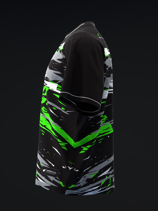 Black bowling jersey with neon green and gray abstract graphic design pattern