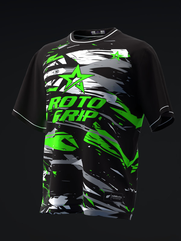 Black bowling jersey with neon green and white striped graphic design and star logo