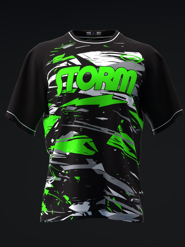 Black bowling jersey with neon green and gray abstract storm graphic and text