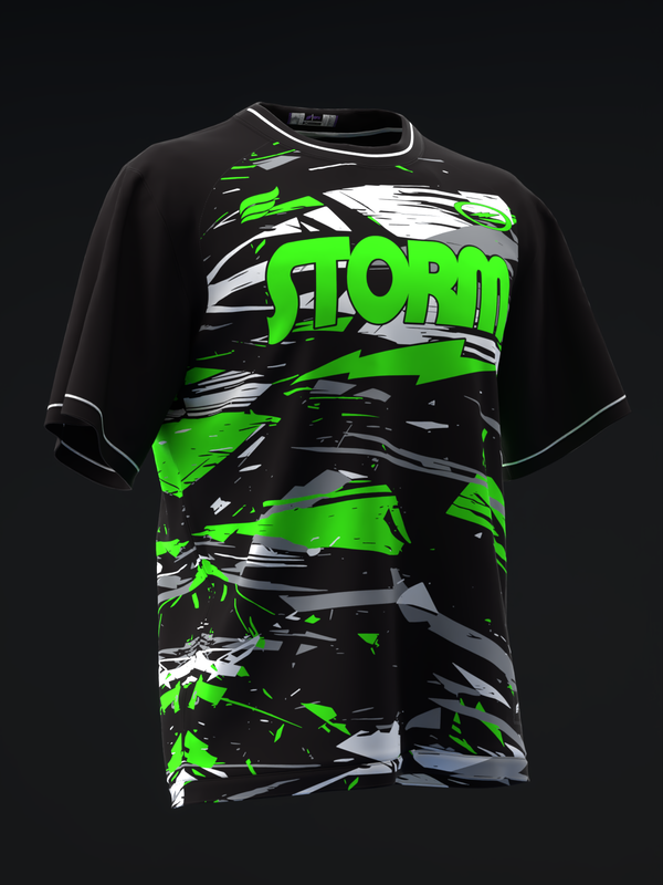 Black bowling jersey with neon green and white abstract graphic and Storm text