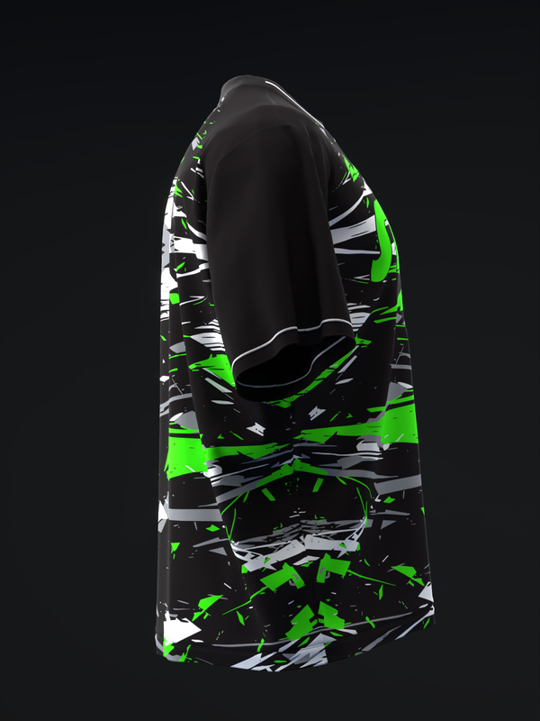 Black bowling jersey with neon green and white abstract geometric pattern, back view