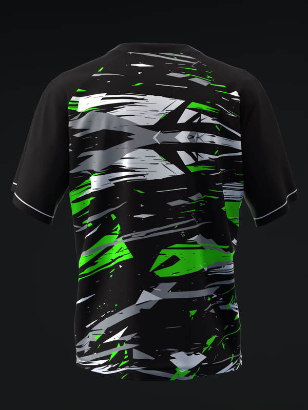 Black bowling jersey with green, white, and gray abstract streaked pattern on front