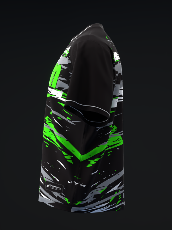 Black bowling jersey with neon green and gray abstract striped graphic pattern