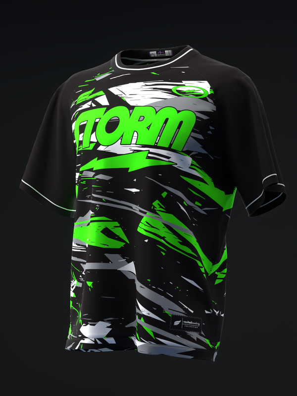 Black bowling jersey with neon green and gray abstract graphic design and text