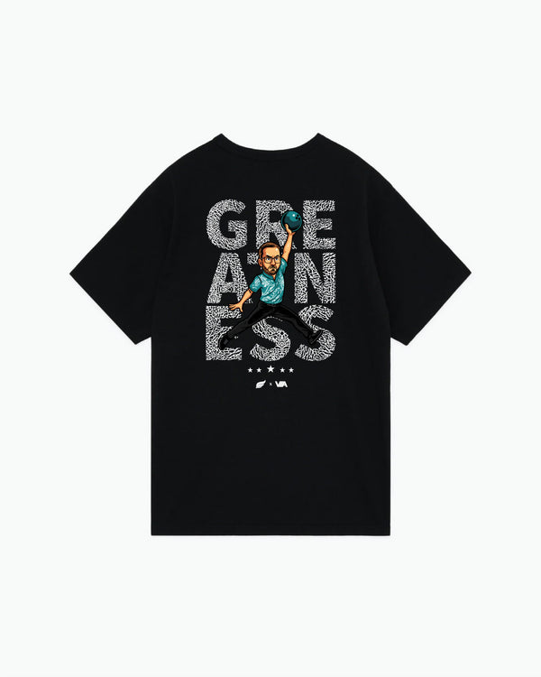 Black tee with textured white lettering and bowler graphic on back