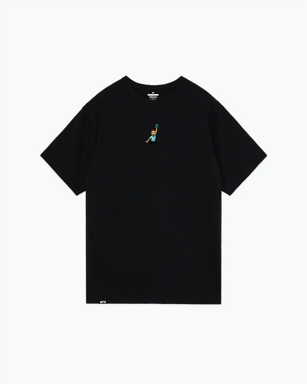 Black t-shirt with small bowler figure graphic on chest