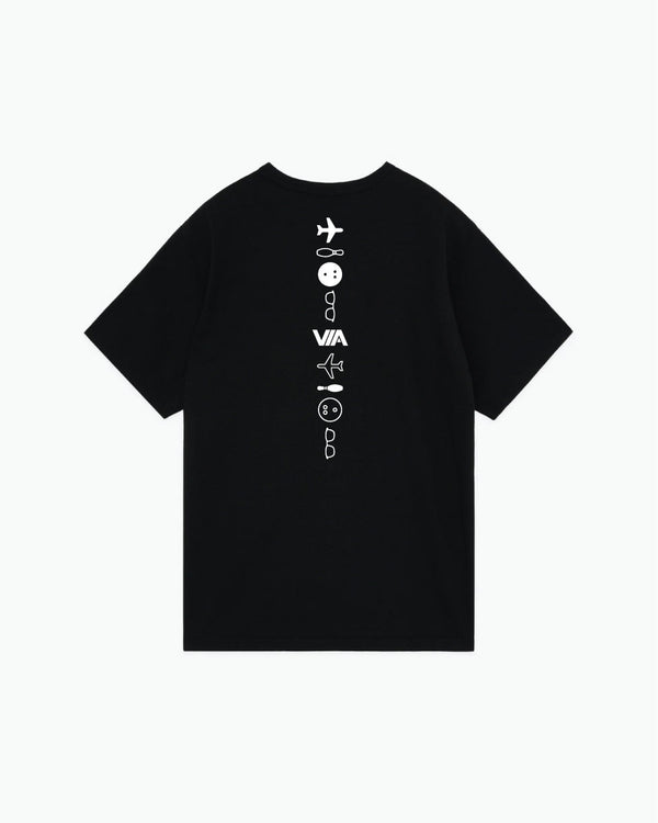 Black t-shirt with white vertical symbol collage graphic down center back
