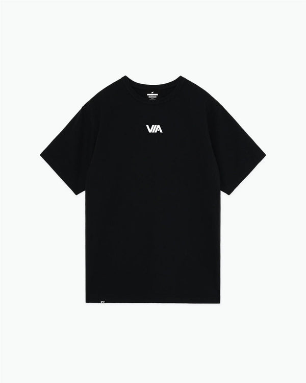 Black t-shirt with small white VIA logo on front chest