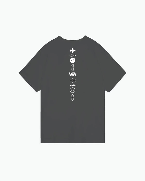 Dark gray t-shirt with white vertical bowling-themed icons down center back