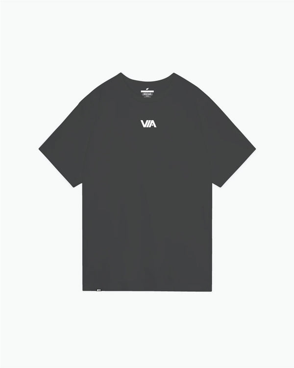 Dark gray t-shirt with small white VIA logo on chest, front view