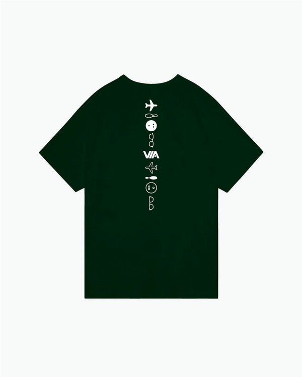 Dark green bowling tee with white vertical icon graphic on back