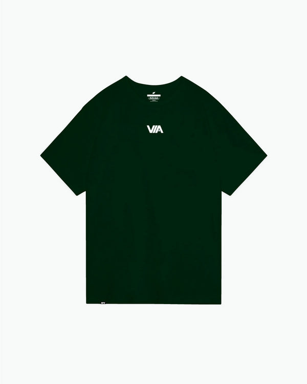 Dark green t-shirt with white VIA logo centered on chest, front view