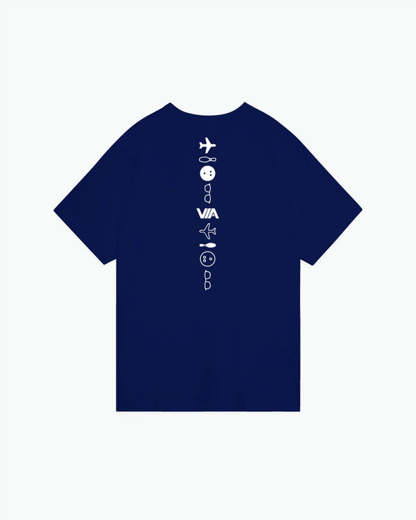 Navy short-sleeve tee with white vertical icon collage down center back