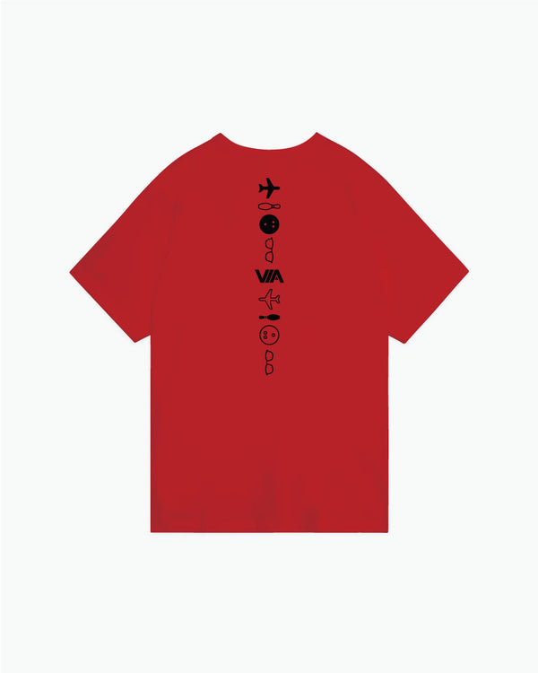 Red bowling tee with vertical black graphic design and text down center chest