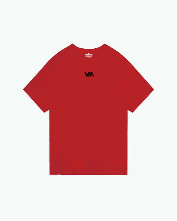 Red bowling t-shirt with small black VIA logo on front center chest