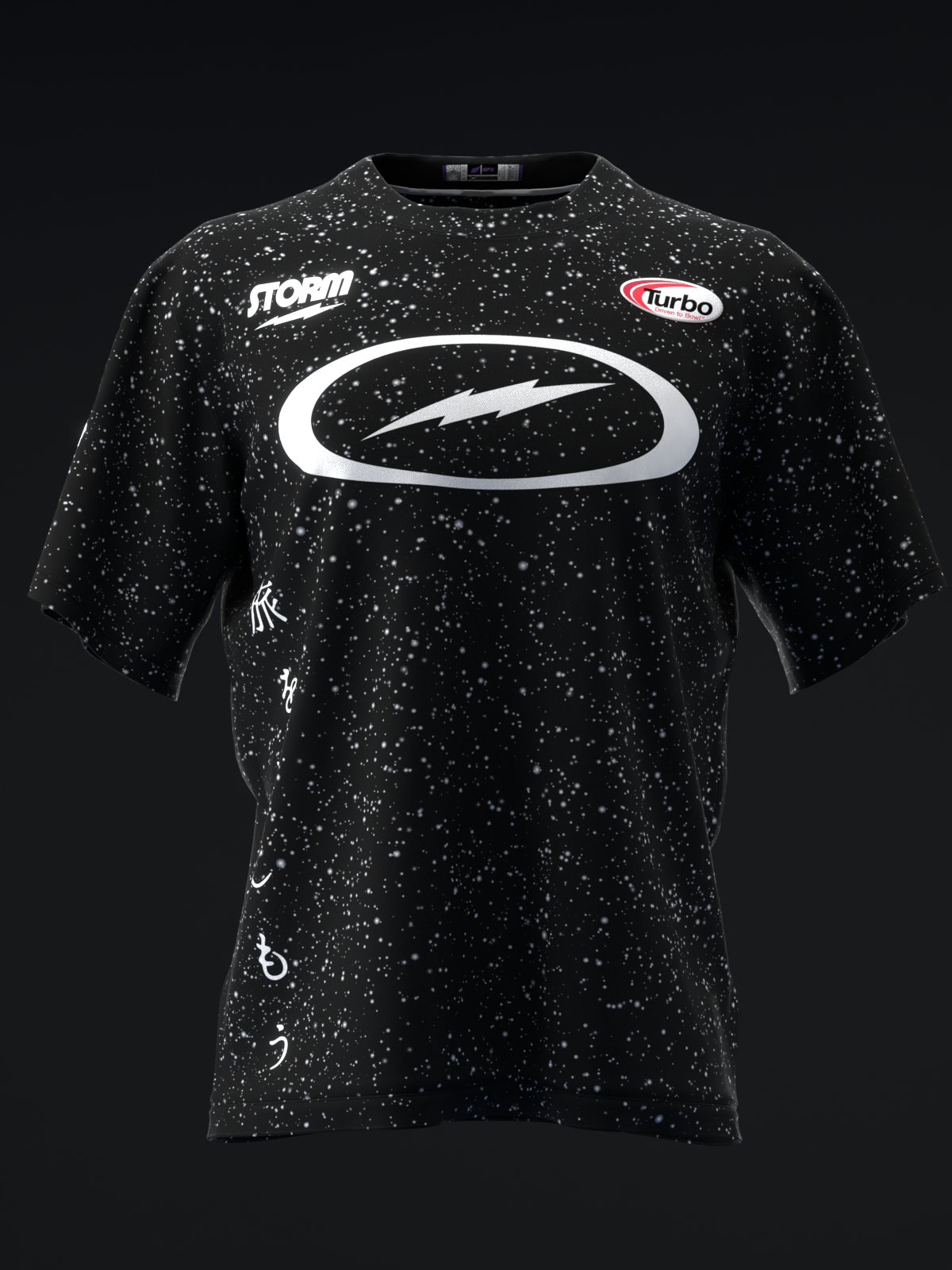 Black speckled bowling jersey with white oval logo and brand patches, front view