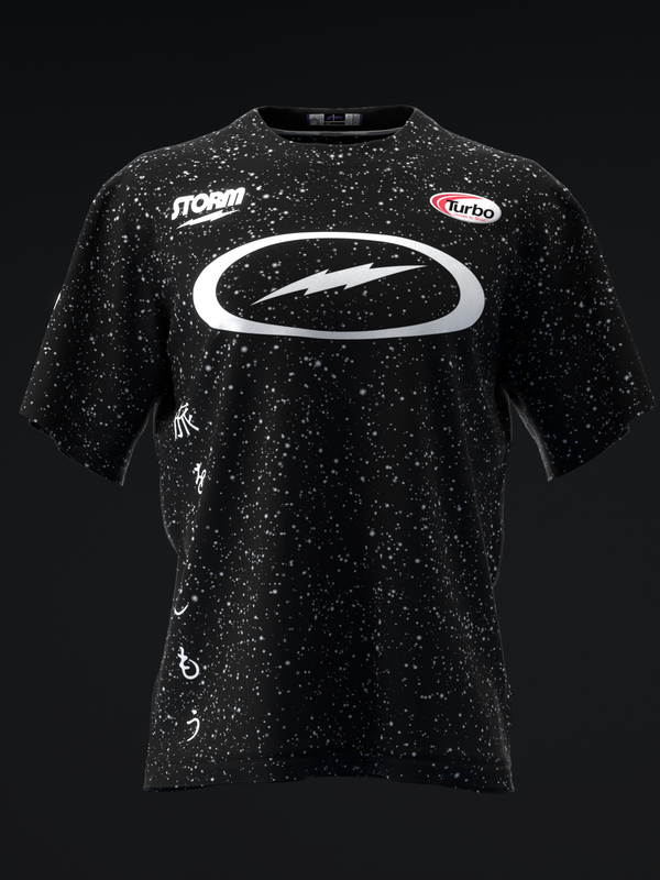 Black speckled bowling jersey with white oval logo and brand patches, front view