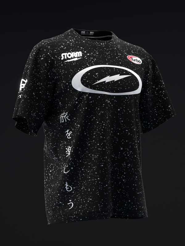 Black speckled bowling jersey with white oval logo and Asian characters down side