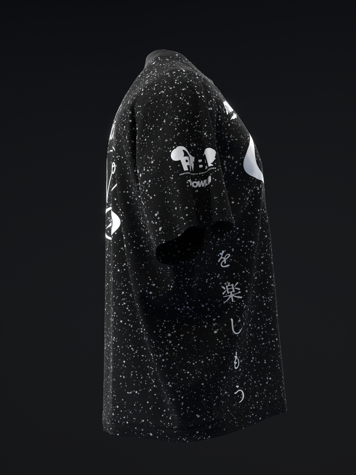 Black speckled bowling jersey with white graphic design and celestial symbols