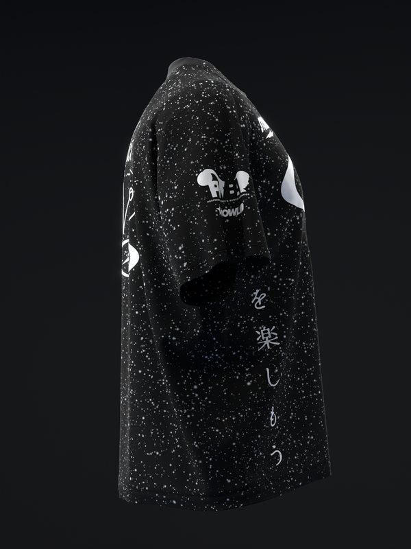 Black speckled bowling jersey with white graphic design and celestial symbols