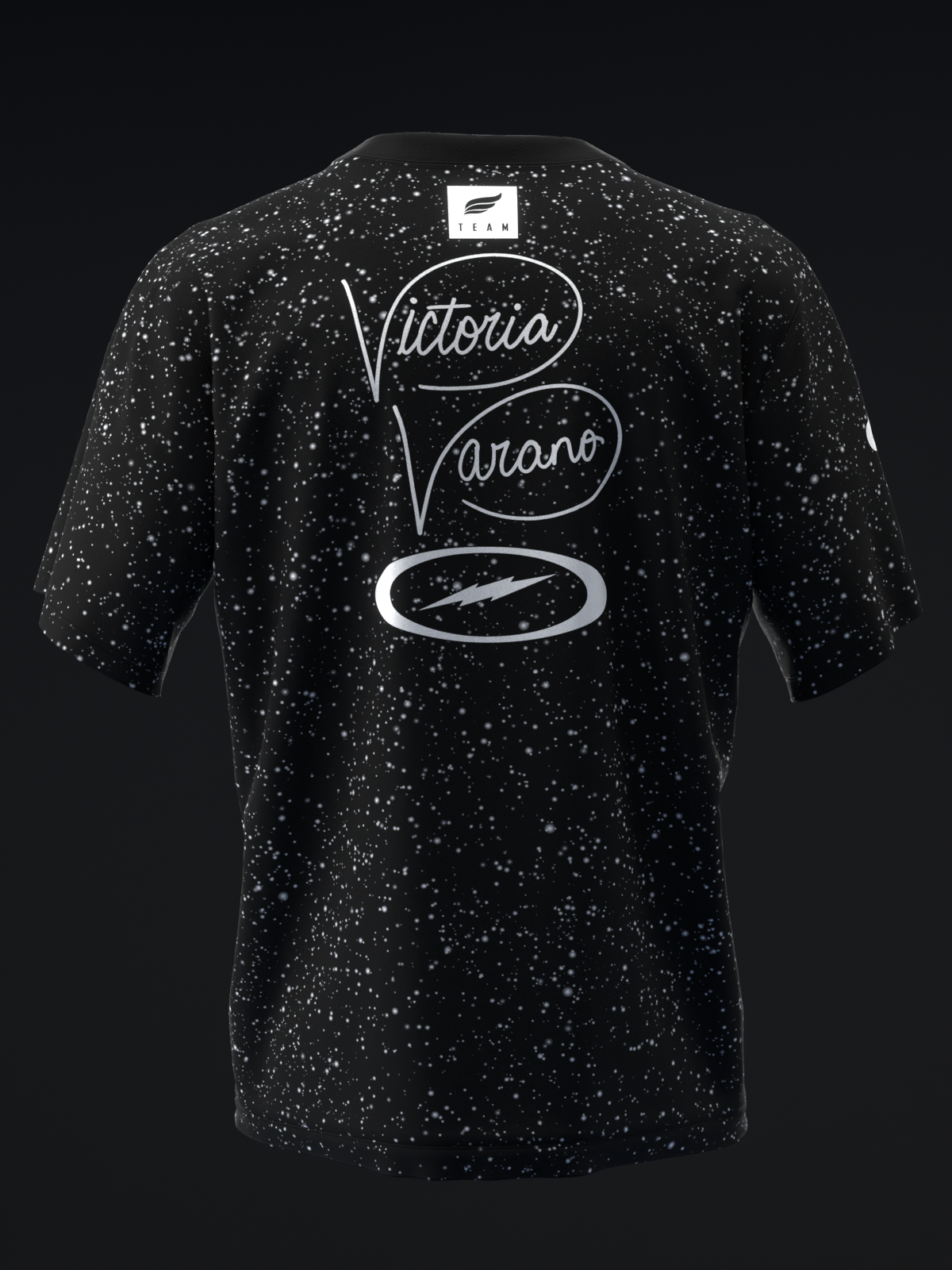 Black speckled bowling jersey back with Victoria Varano text and fish graphic