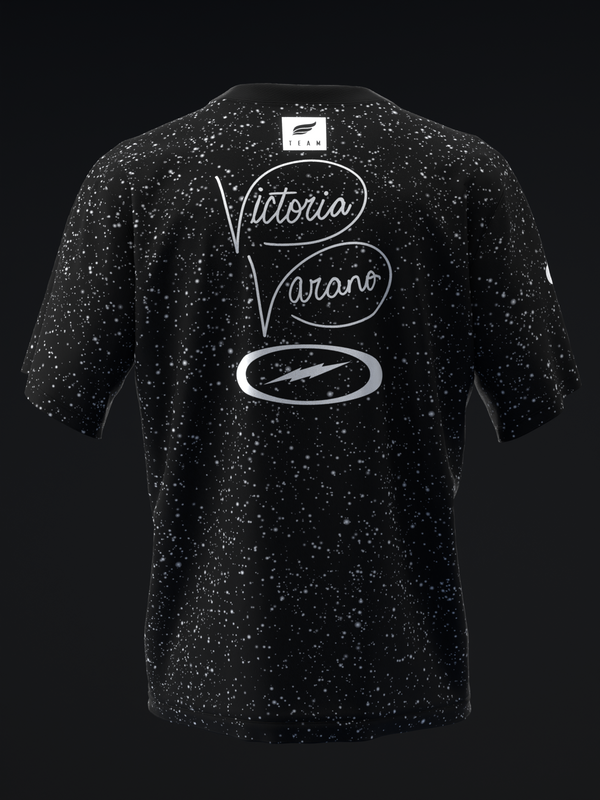 Black speckled bowling jersey back with Victoria Varano text and fish graphic