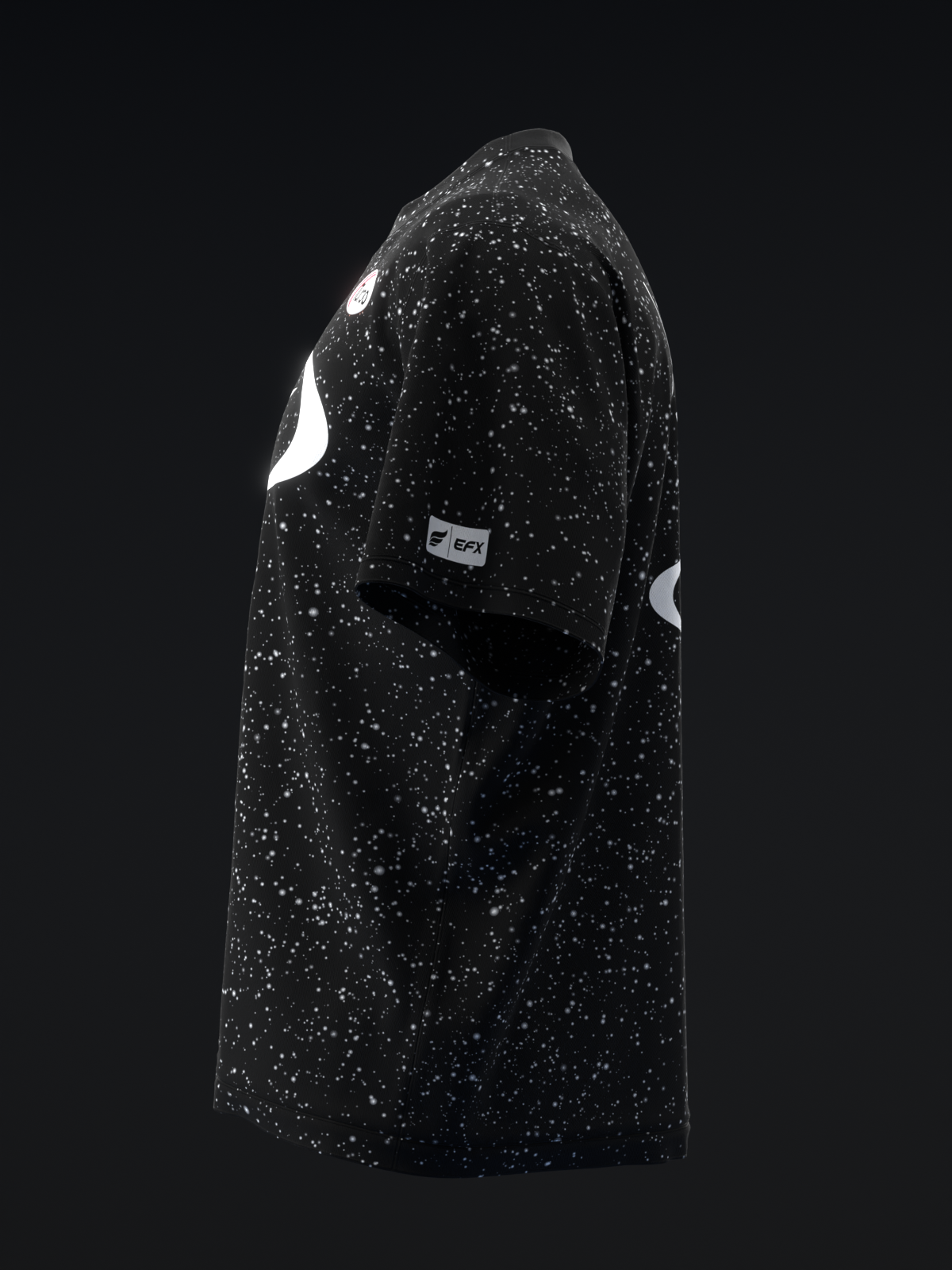 Black bowling jersey with white speckled pattern and white shoulder accents, side view