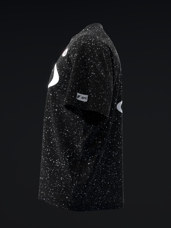 Black bowling jersey with white speckled pattern and white shoulder accents, side view