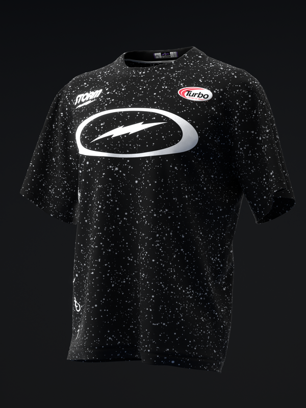 Black bowling jersey with white speckled pattern and oval logo, front view