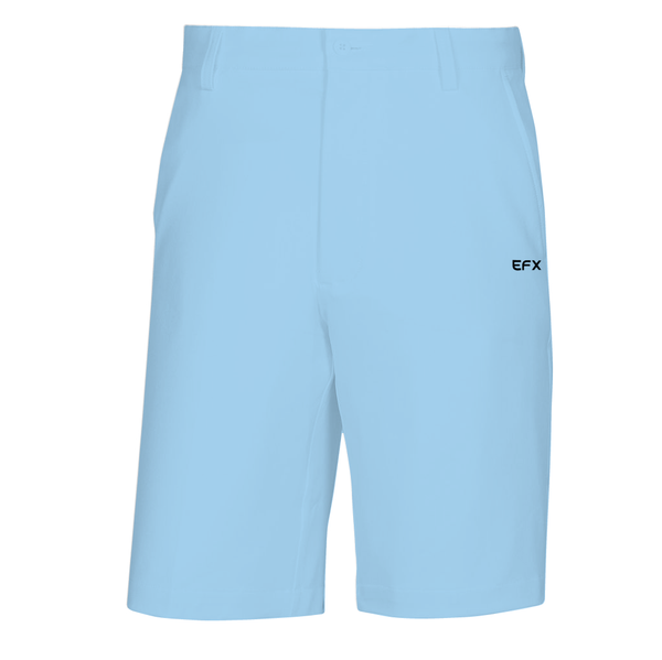 Light blue bowling shorts with EFX logo on right thigh, front view