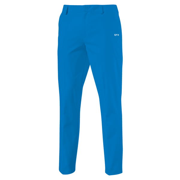 Bright blue bowling pants with EFX logo on back pocket, front view