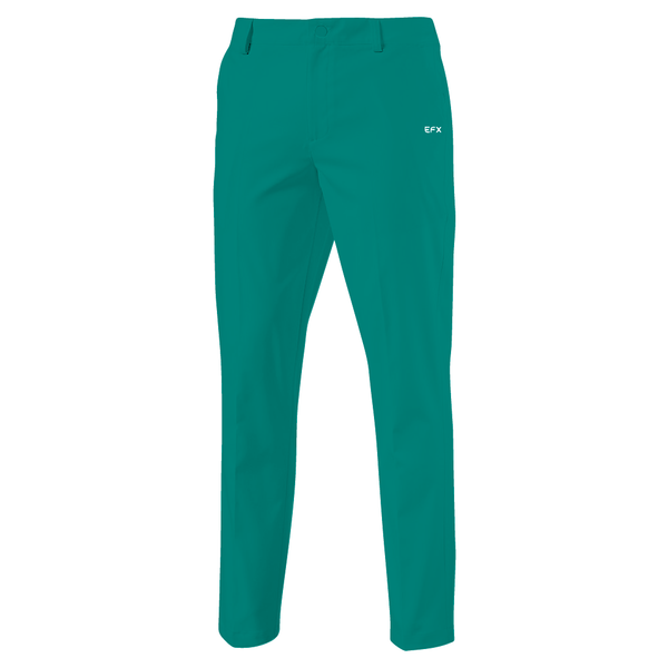 Teal bowling pants with EFX logo on back hip, front view