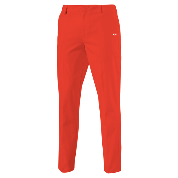 Bright red bowling pants with EFX logo on hip, front view