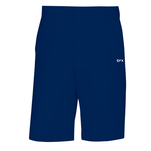 Navy bowling shorts with EFX logo on right thigh, front view