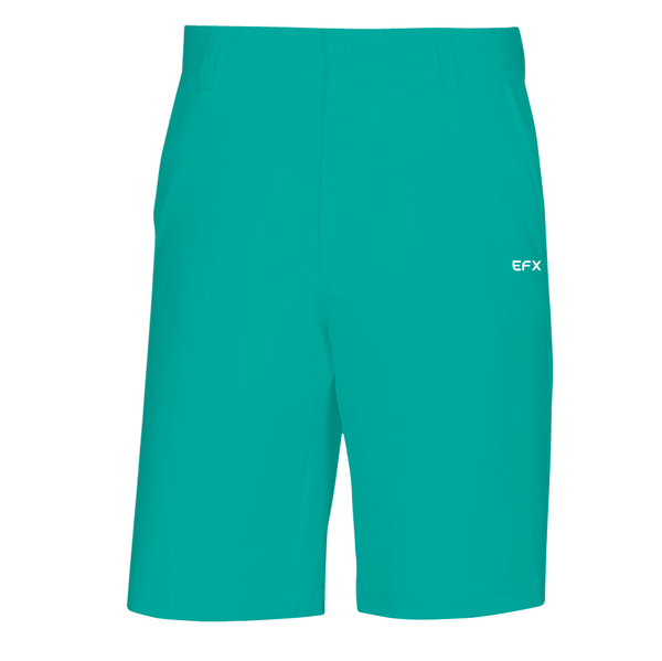 Teal bowling shorts with small EFX logo on right side, front view