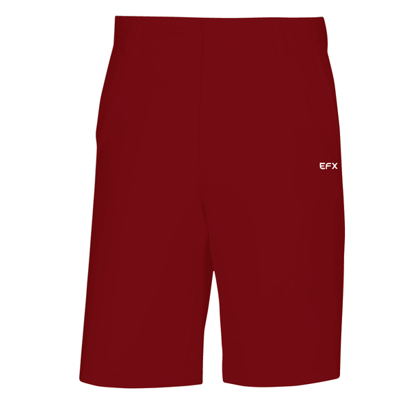 Maroon bowling shorts with EFX logo on right thigh, front view