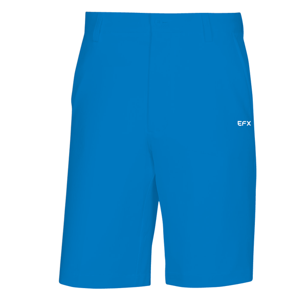 Blue bowling shorts with EFX logo on the right thigh, front view