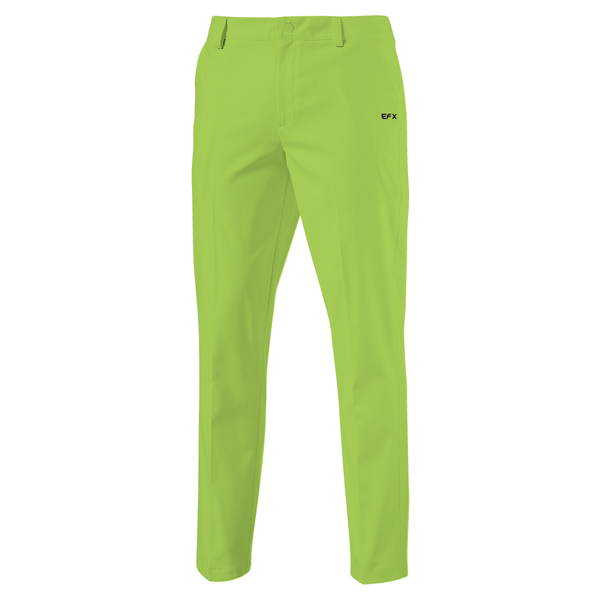 Lime green bowling pants with EFX logo on front hip, front view