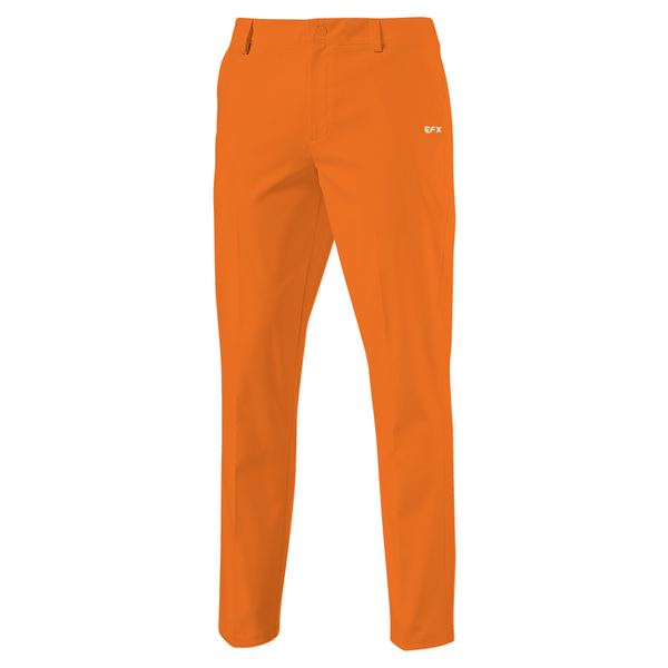 Bright orange bowling pants with small EFX logo on hip, front view