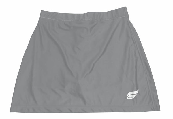 Gray bowling skort with white logo detail on lower right side
