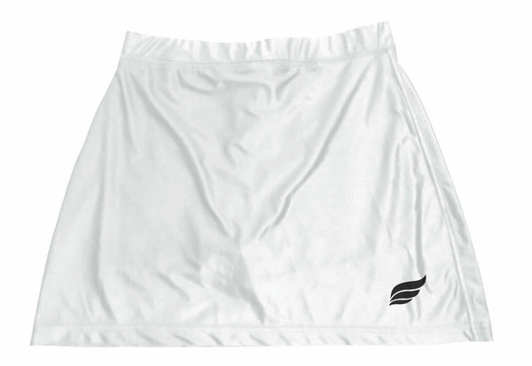 White bowling skort with small black logo on lower right side