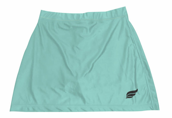 Light teal bowling skort with small dark logo on lower right side