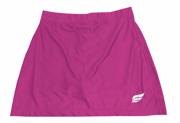 Fuschia bowling skort with small white logo graphic on lower right