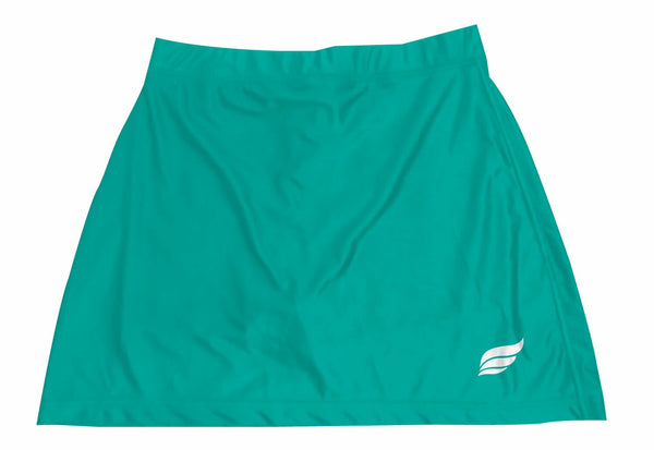 Teal bowling skort with white logo on right side, front view