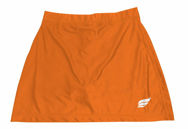 Orange bowling skort with small white logo on lower right side