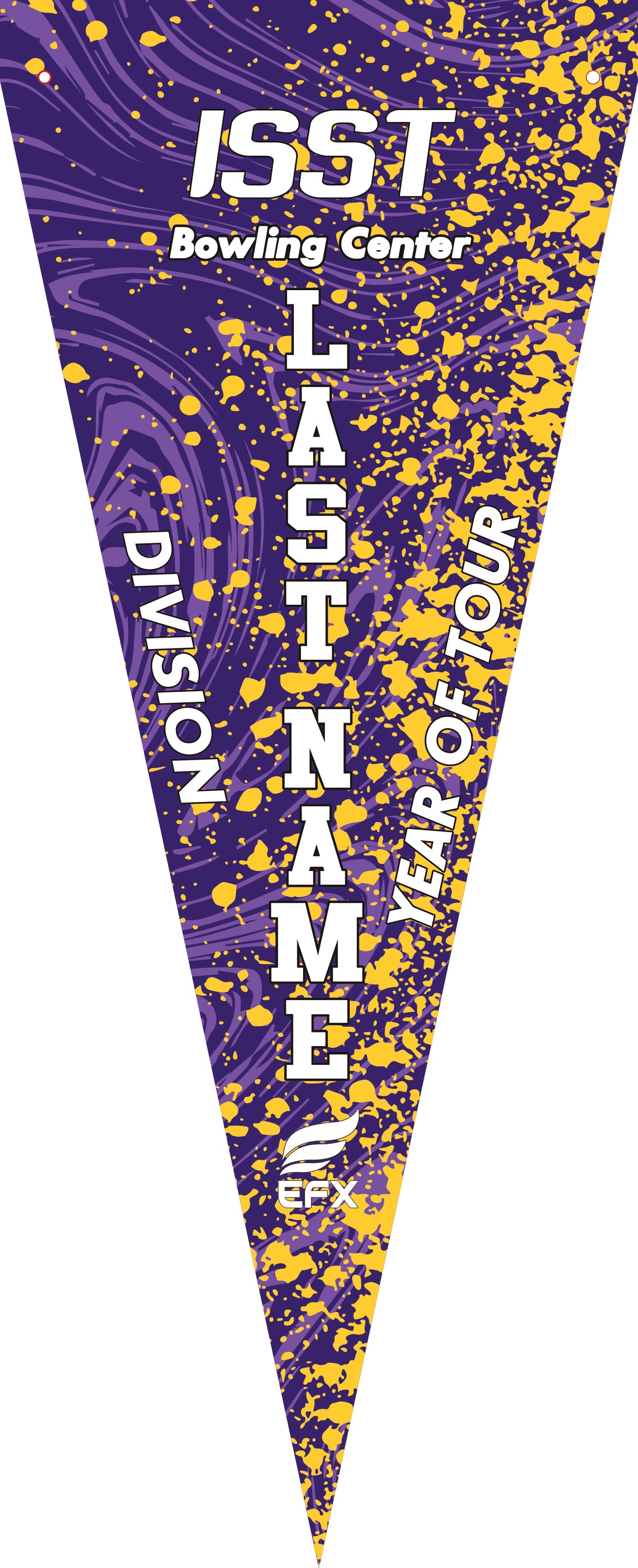 Purple and gold splatter pennant with ISST Bowling Center text design