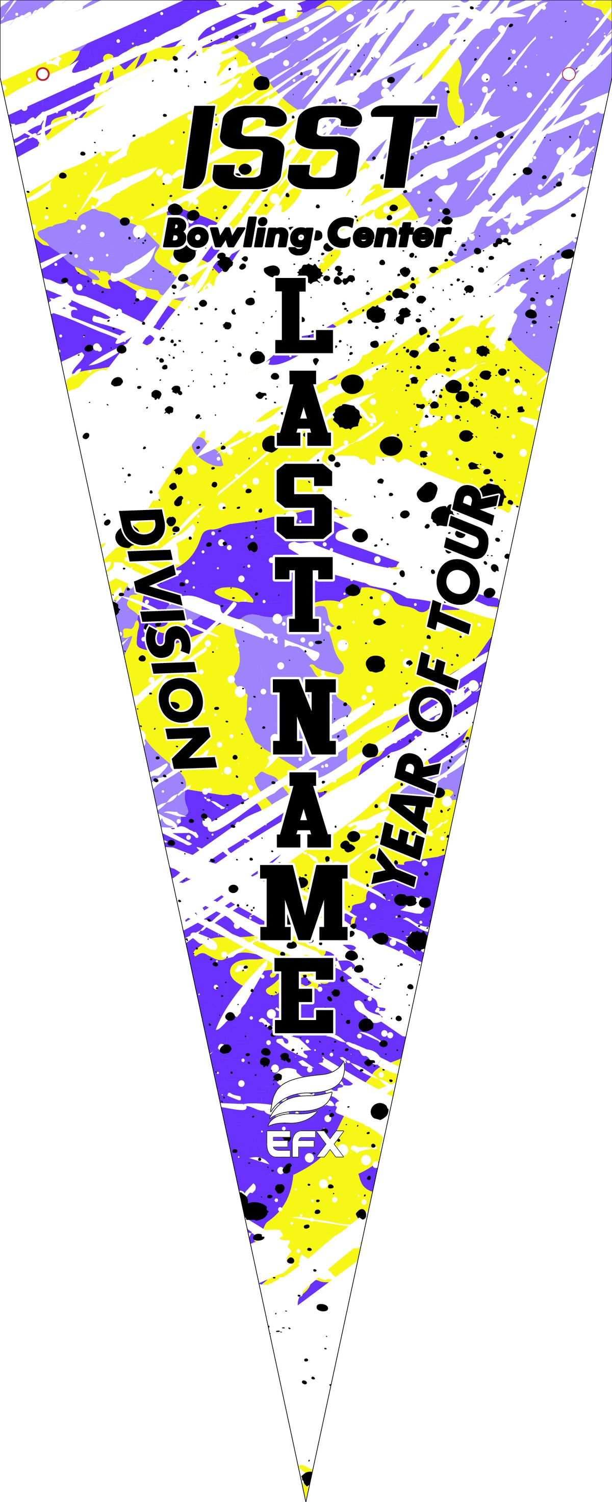 Bowling pennant with purple, yellow, and white abstract splatter design and text