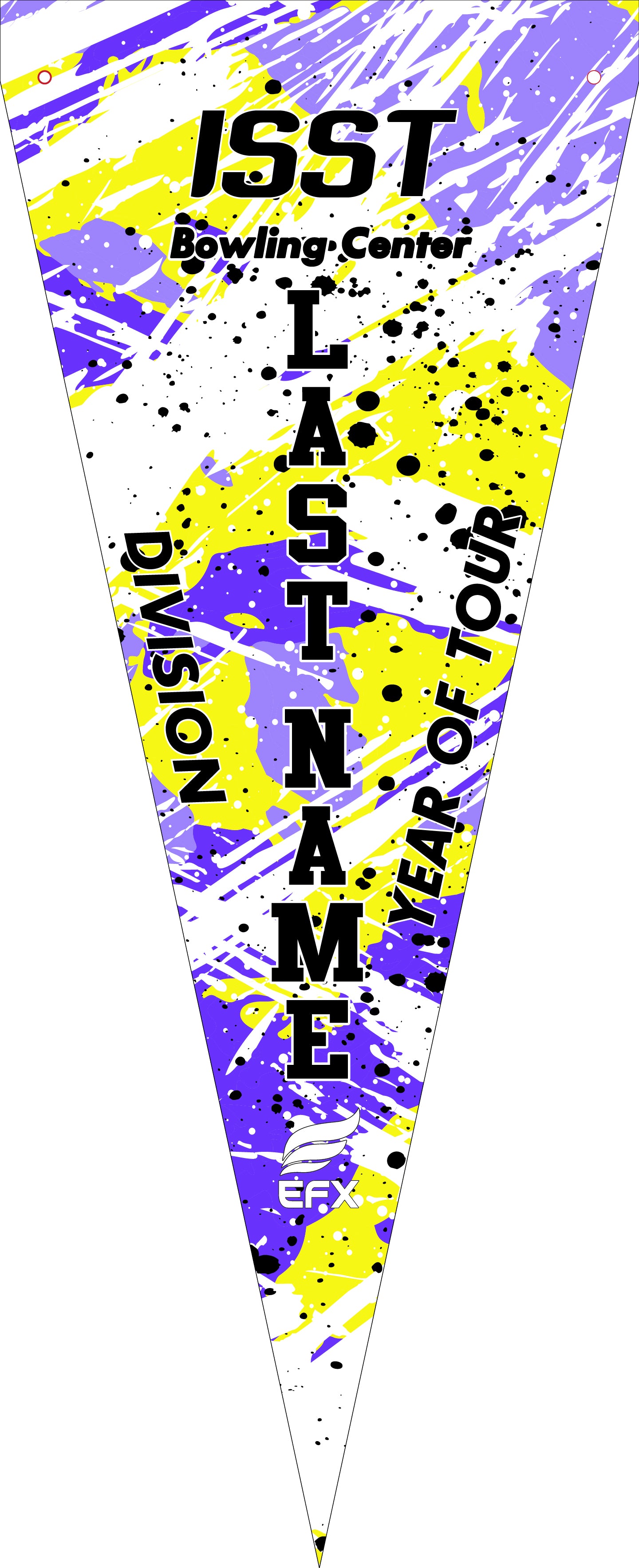 Bowling pennant with purple, yellow, and white abstract splatter design and text