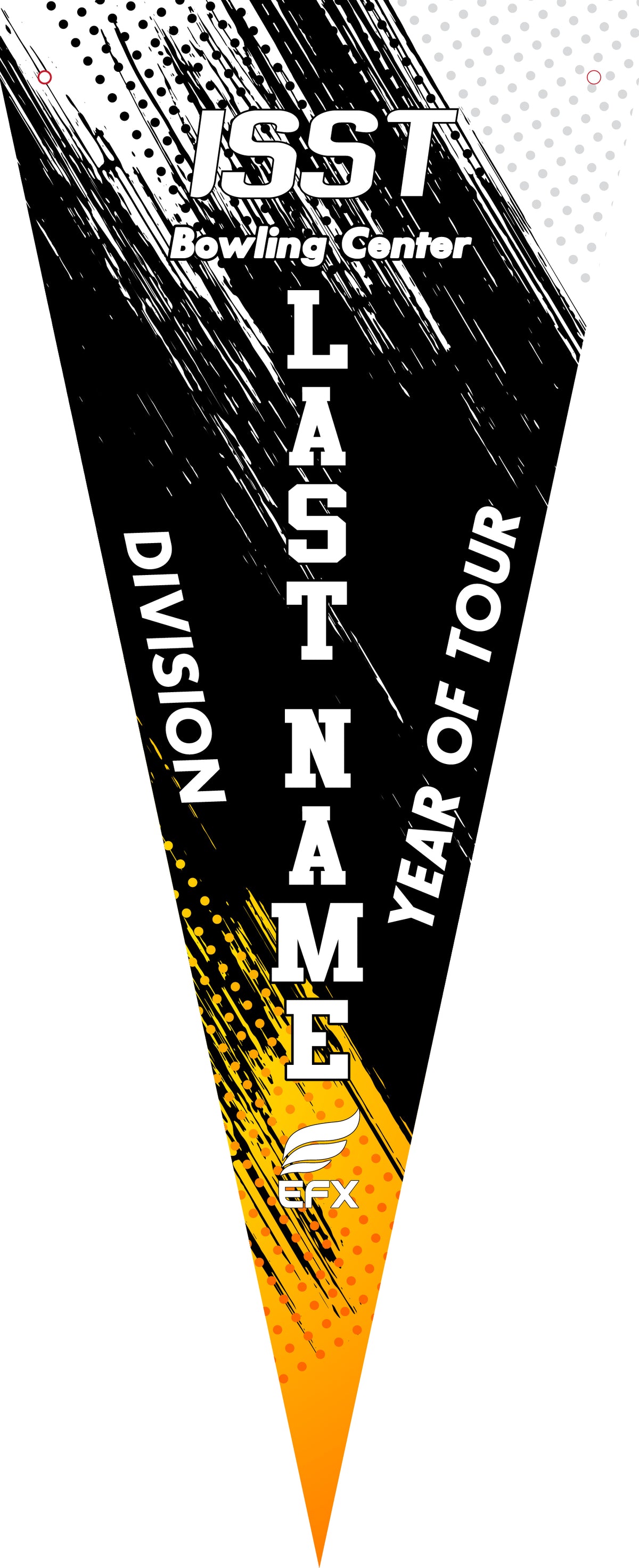 Black and gold bowling pennant with white text and graphic stripes