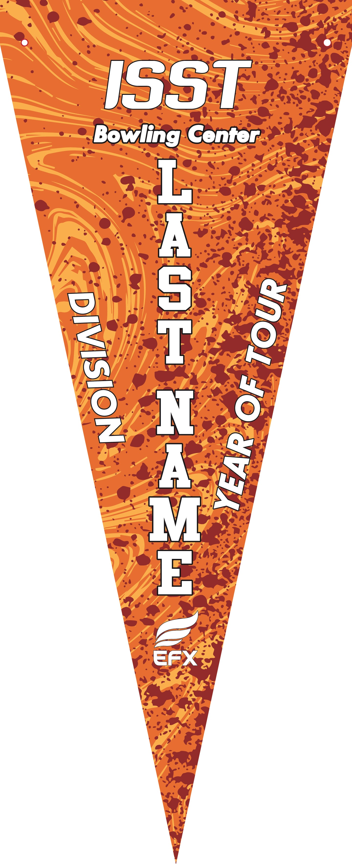 Orange and maroon speckled bowling pennant with white vertical text